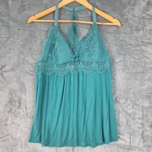 Womens Top Large Green Babydoll Y2K Fairy‎ Crochet Lace Coquette Racerback Cami
